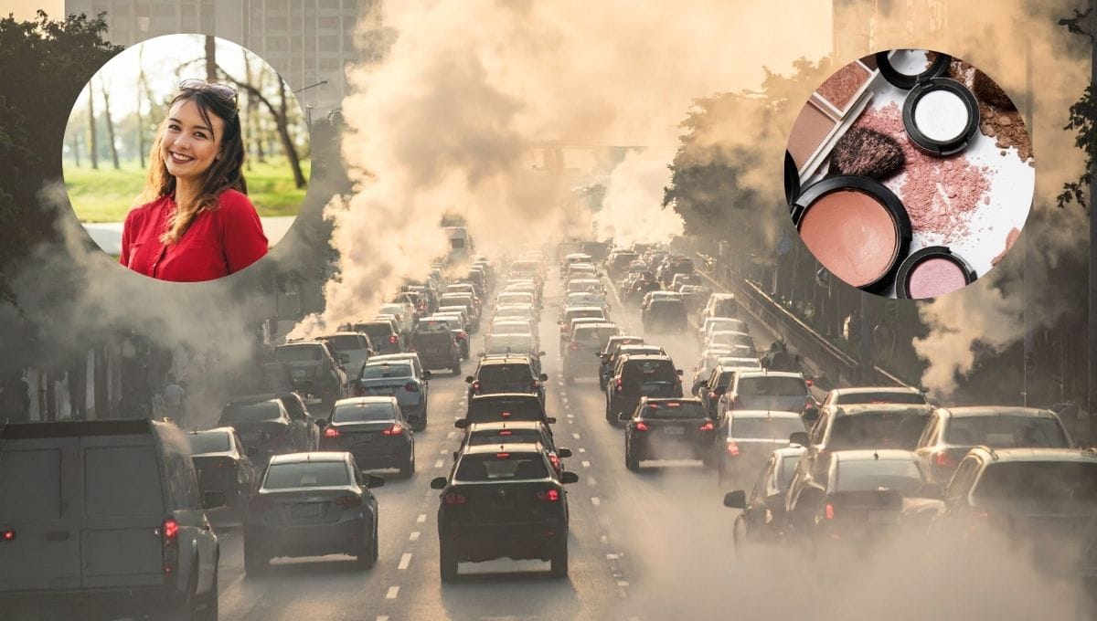 महिला प्रदूषण के मौसम में आंखों पर भारी मेकअप लगाए हुए, डॉक्टरों द्वारा दी जा रही चेतावनी और आई केयर टिप्स।